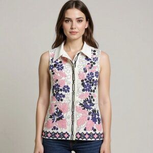 Vintage Smartique White Pink Purple Mod 60's 70's floral sleeveless blouse